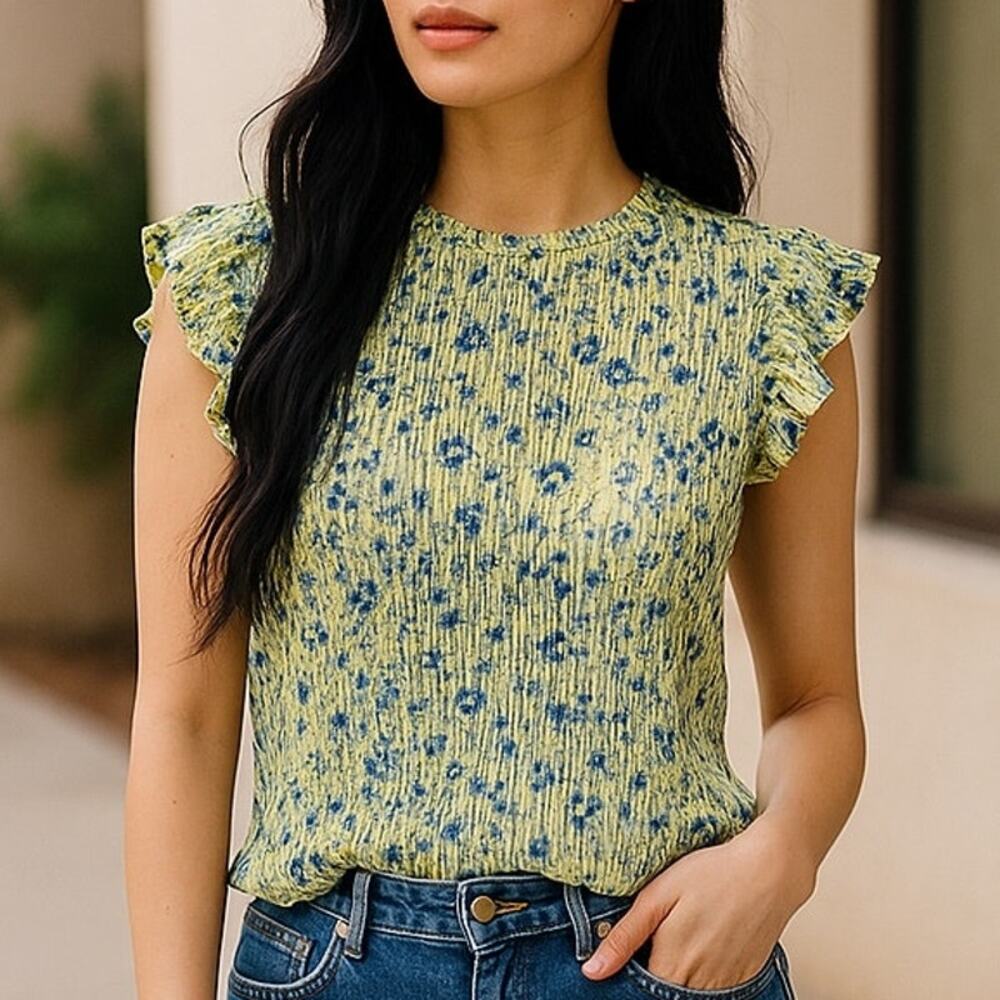 RD & KoKo Floral Yellow & Blues Accordian Pleat Blouse Top ~ Women's Size XS
